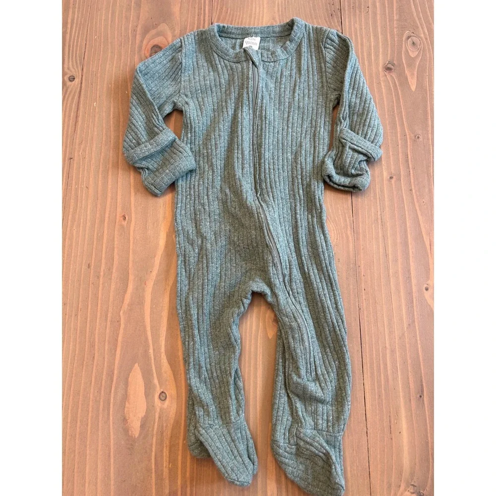 Kk23 Kate Quinn Organic Cotton Ribbed Footed Sleeper Sage Green 6-9M Zip Romper